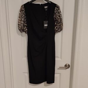 DKNY Black Midi Dress with Leopard Print Sleeves